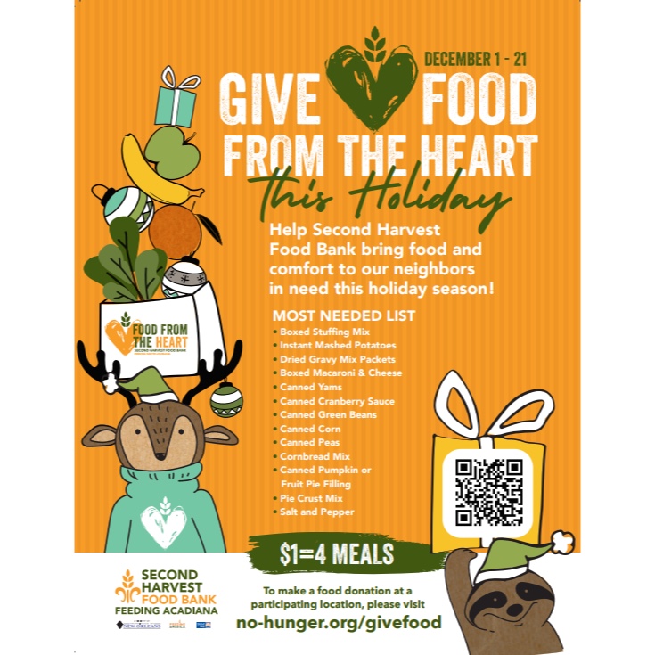 LARiAProject's tweet photo. This holiday season consider donating to @2ndHarvestGNOA #FoodfromtheHeart holiday food drive. Working within 23 Louisiana parishes, they are leaders in the fight against hunger. 

For drop-off locations, visit: https://t.co/z3SlmaJcTY 

#donate #FeedingSouthLouisiana https://t.co/3MPLMGtvqE