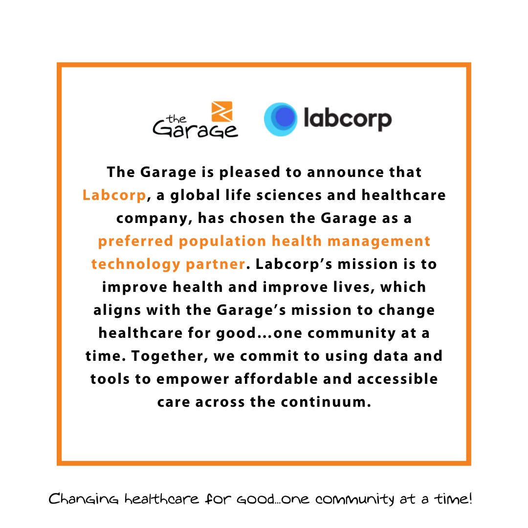TheGarageIn's tweet photo. The Garage is pleased to announce that @labcorp,
a global life sciences and healthcare company, has chosen the Garage as a preferred population health management technology partner.
#ChangingHealthcareforGood #PopulationHealthManagement #Labcorp #valuebasedcare https://t.co/FFSzYs3KjF