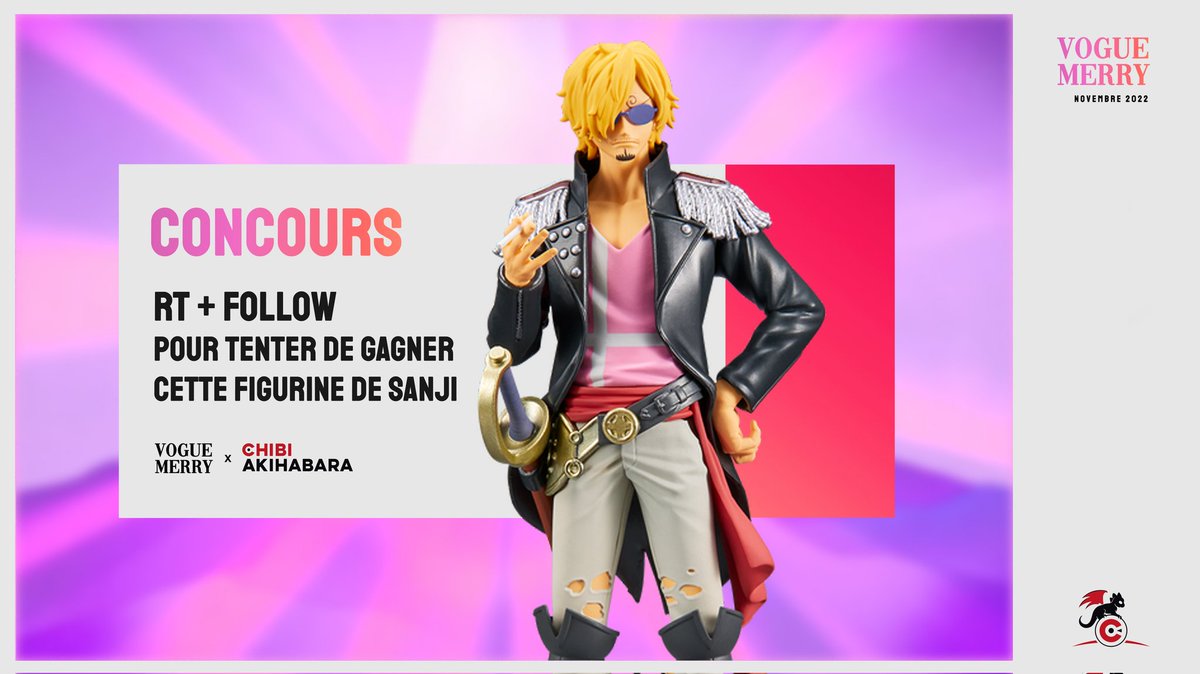 VogueMerryMag's tweet photo. 🎁 CONCOURS 🎁

Pour la sortie du dernier numéro du #VogueMerryMag spécial #FILMRED, notre partenaire @AkihabaraChibi vous permet de gagner cette figurine de Sanji ! 

👉 Pour participer : 
- Follow @AkihabaraChibi et @VogueMerryMag 
- RT le tweet et tag un ami

📅 TàS le 25/12🎄 https://t.co/rOPgIiuv7k
