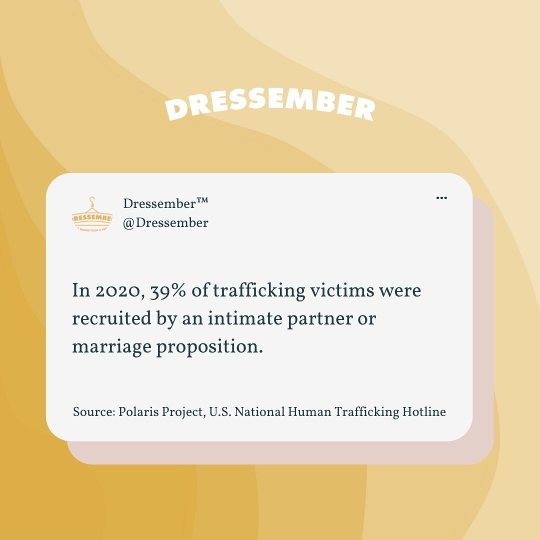 Dressember's tweet photo. #Humantrafficking is highly personal—victims usually know &amp; trust their traffickers.

We are committed to centering survivors &amp; learning directly from them what is needed in their healing journey. Give to #Dressember today to empower survivors’ freedom: https://t.co/WOREdH3hGg https://t.co/8zikFxlJVm