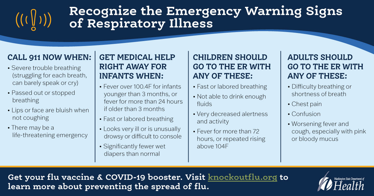 Flu, RSV, and COVID-19 are causing a lot of illness in WA right now. This could cause our hospitals to overflow. To prevent this, call your nurse hotline, your doctor, or your clinic if you or your child is sick.

Learn how to prevent flu and COVID-19 at doh.wa.gov