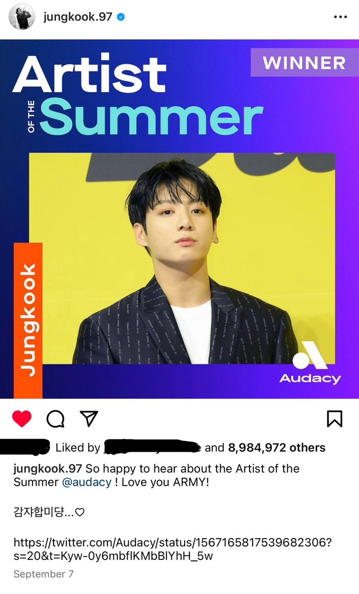 JKGlobalFanbase's tweet photo. Remember how happy Jungkook was to win Audacy’s “Artist of the Summer”? He even posted on IG about it!

Let’s work hard again and win Audacy’s “Bop of the Year” for him! 

RT and Reply:

I’m voting for @charlieputh + #Jungkook's #LeftAndRight for #BopOfTheYear https://t.co/0n7YGIIZ9F