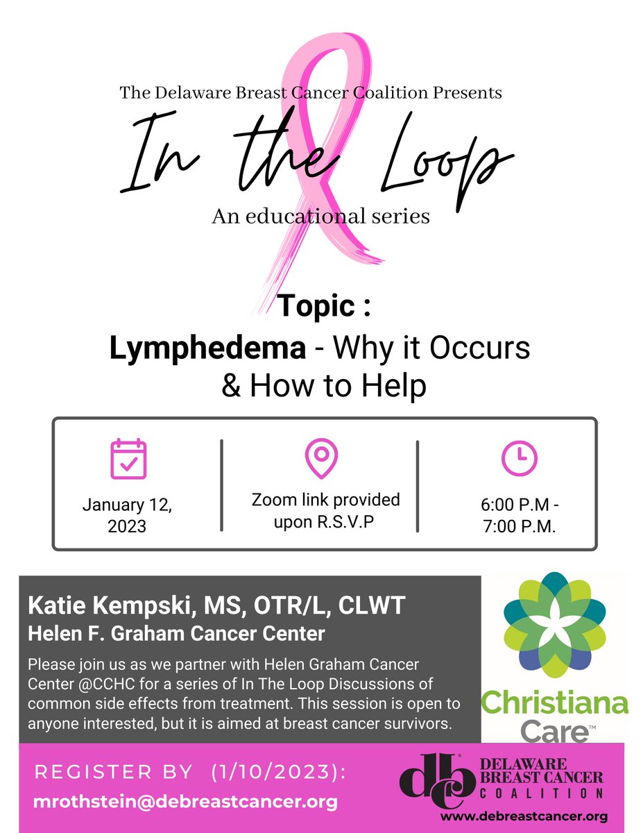 Join us for this upcoming In the Loop session on lymphedema! Please register with mrothstein@debreastcancer.org. This event is aimed at breast cancer survivors but is open to anyone interested.