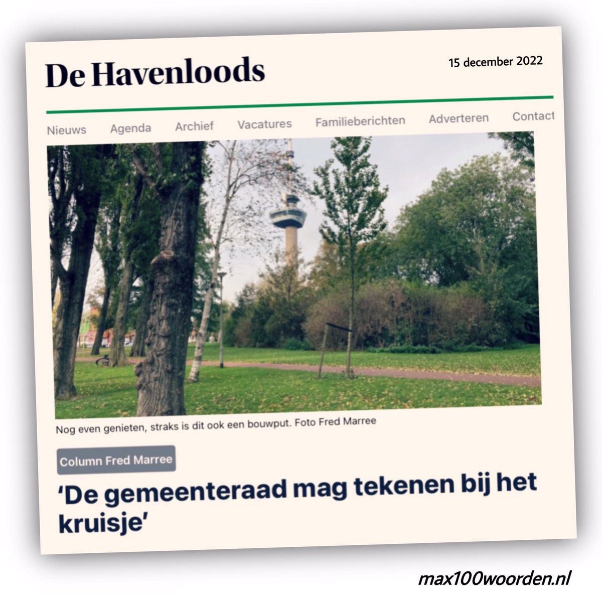 columnpjes's tweet photo. In de column van #maximaal100woorden komen deze week twee verschillende Rotterdamse onderwerpen aan de orde: de bouw aan de #Parkhaven en het verbod op #benzinebrommers. 
Lees de column rechtstreeks bij De Havenloods: https://t.co/rJmIeKovkF of bij https://t.co/8qd1rlYnLi. https://t.co/AZRPtIWX9Y