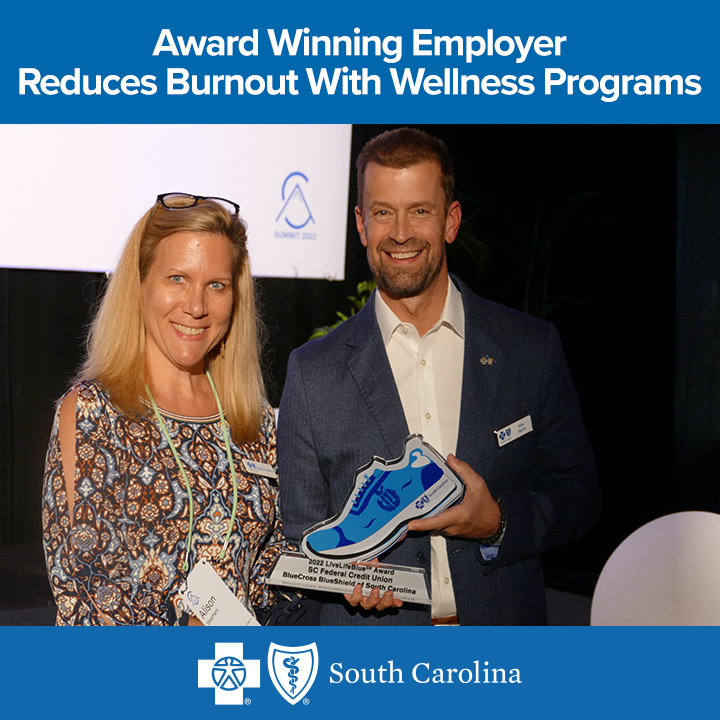 bcbssc's tweet image. LiveLifeBlue award winner @SCFederalCU has a unique #employeewellness program focused on total well-being. The program has reduced employee burnout and engaged staff across the state. Learn how: bit.ly/3W2T6Lk.