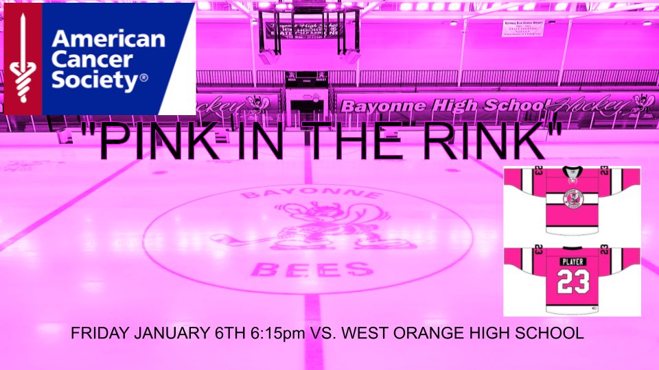 SCP02408742's tweet photo. NEWS || Your @BayonneHigh #SkatingBees will be hosting “Pink in the Rink” Friday January 6th @ 6:15pm! In collaboration with the Bayonne Education Foundation all proceeds benefit the American Cancer Society. #HockeyFightsCancer

CC: @BayonneBOE https://t.co/yWYPnQPUTx