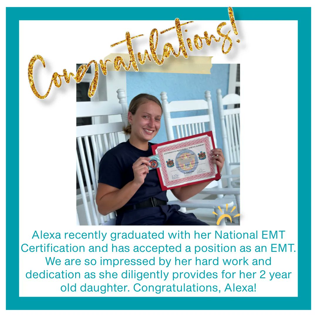 ThriveSWFL's tweet photo. We are so proud of you, Alexa!! 🙌🏼 Thank you to all who support our ministry - THIS is why we do what we do, so we can see young mothers and their children THRIVE! ☀️✨💕

#thrive #mama #emt #proud #chaseyourdreams #momscandoanything https://t.co/L2HLb6G9rZ