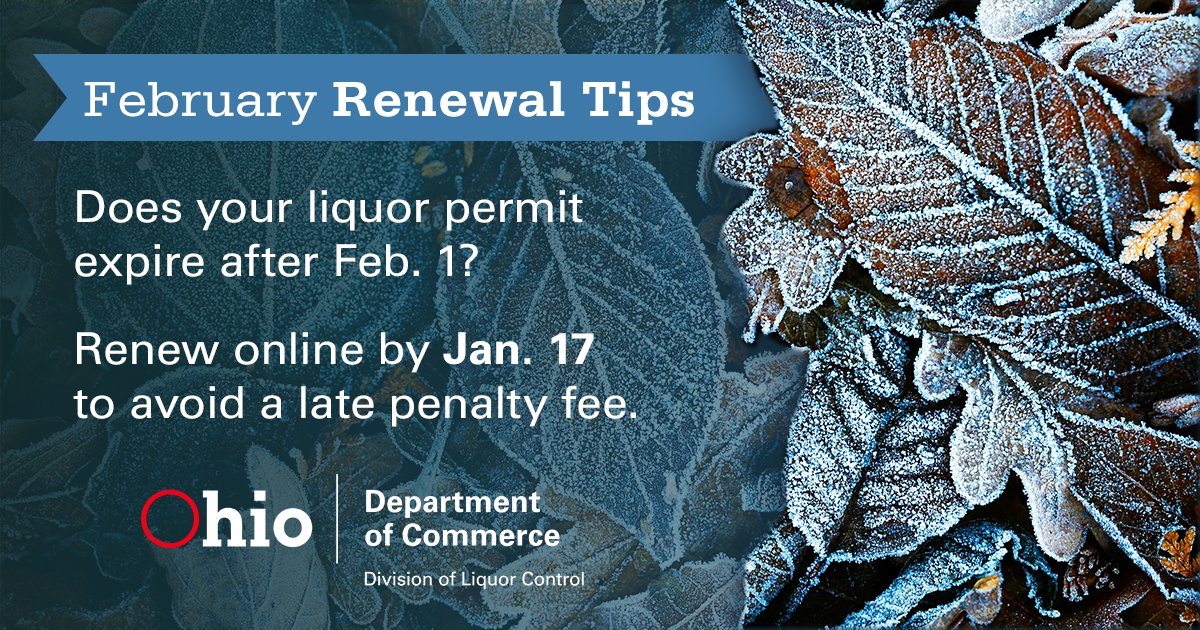 OhioLiquor's tweet photo. Does your liquor permit expire after Feb. 1? Renew online to file on time. https://t.co/FxgbeuwYtX https://t.co/mc9cEQsxyd