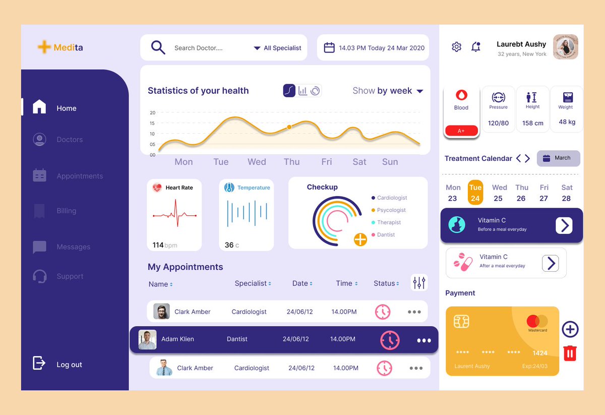 iraqui_m's tweet photo. Hey Everyone🤗
This is my exploration of medical dashboard.
Medita is a dasboard created to monitor our health. It also has an appointment features that makes it easy for us to arrange an appointment with a doctor.
Plzz tell me about this shot
#figma #uiux #uiuxdesign #learning https://t.co/WLbCKfO1pD