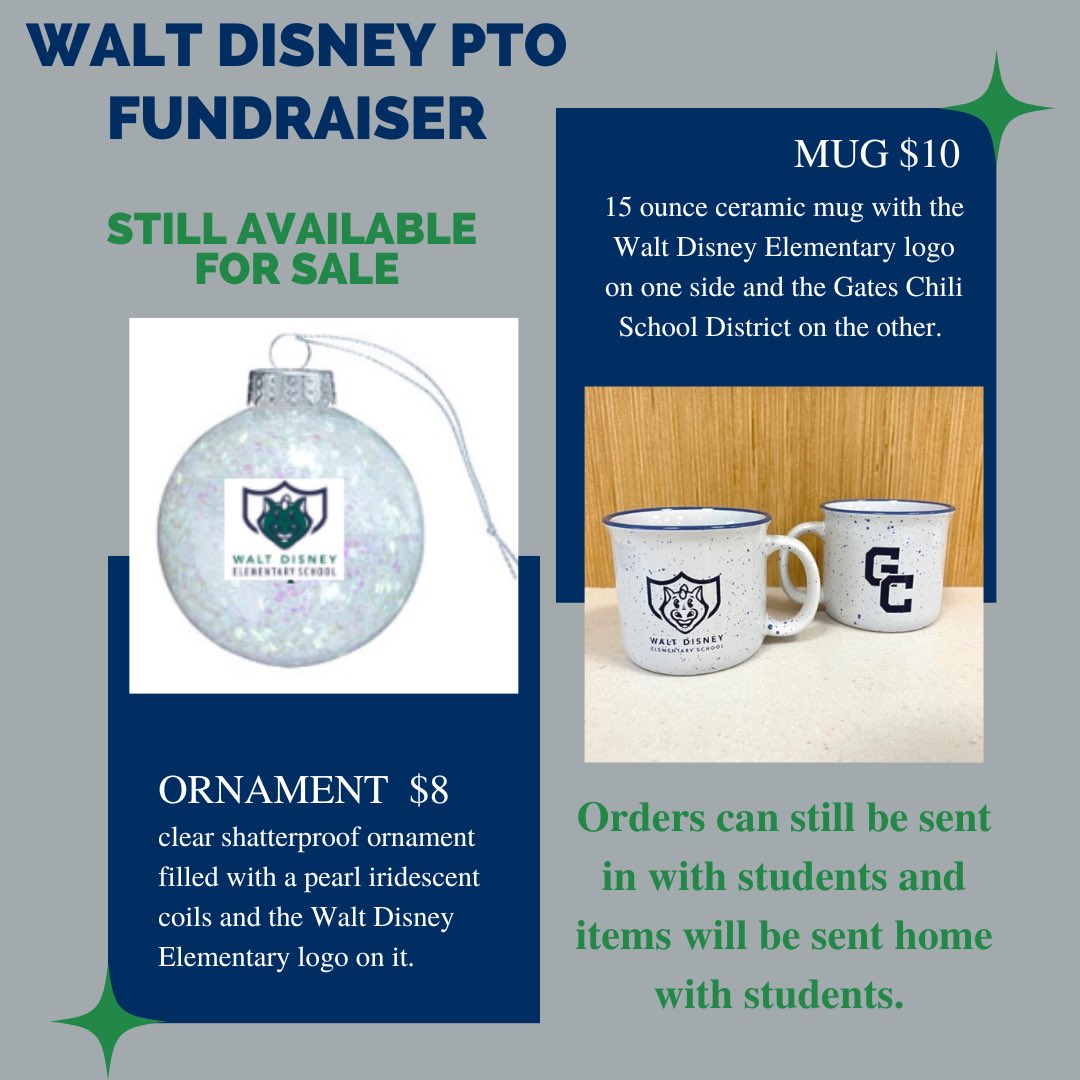 WDPTO Mug and Ornament Fundraiser: In need of last minute gift ideas? Walt Disney Elementary mugs and ornaments are still available for purchase. Orders can be sent in with students and items will be sent home.