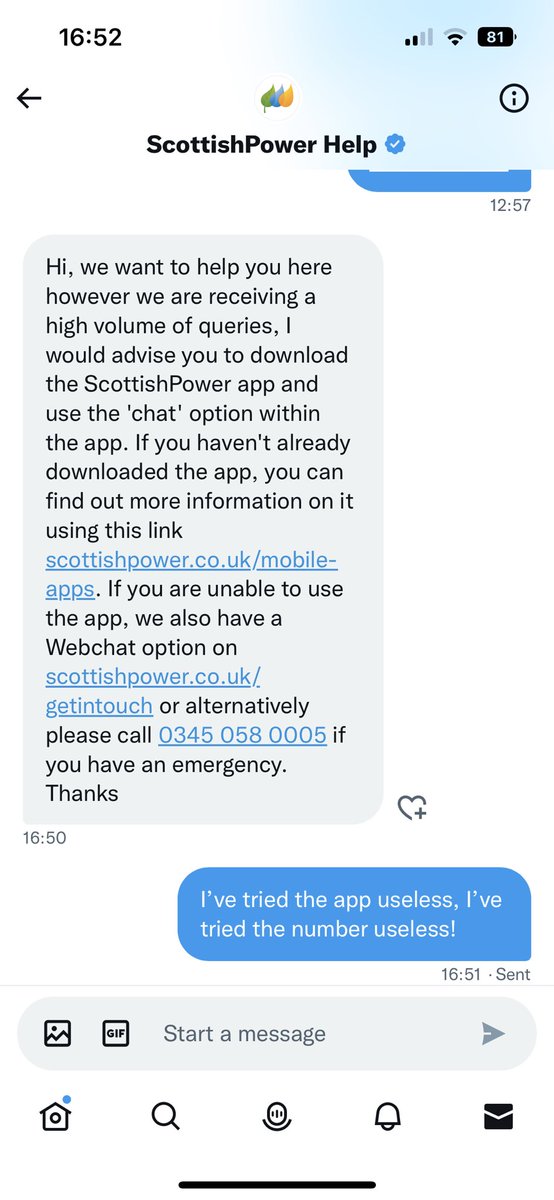 <a href="/ScottishPower/">ScottishPower</a> <a href="/SP_EnergyPeople/">ScottishPower Help</a> Another day of uselessness. 4 hours later a reply to tell me to try the app. Tried the app chat useless! Called the number at 9am to be told lines too busy and I couldn’t be placed in a queue, useless. Another day with no gas in -8° temperatures