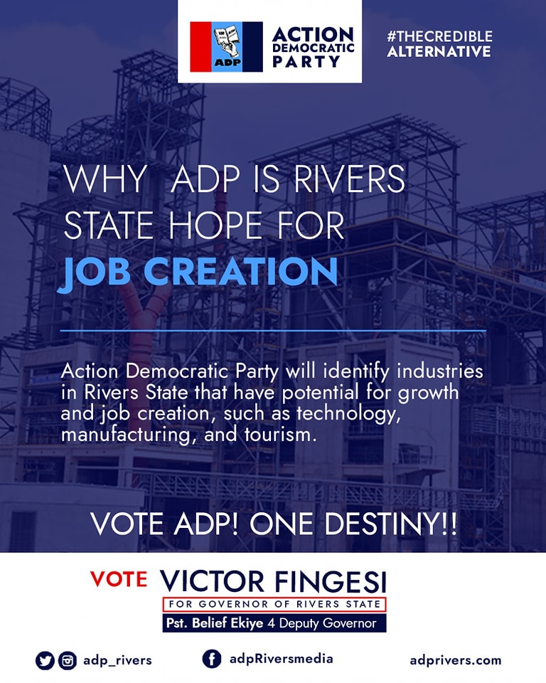 adp_Rivers's tweet photo. ADP will Identify industries in Rivers State that have potential for growth and job creation, such as technology, manufacturing, and tourism.
Vote ADP! One Destiny!!
.
.
 #2023elections #AdpRivers #IbeliefFingesi #crediblealternative #ADPiscoming https://t.co/HMc7elNQHe