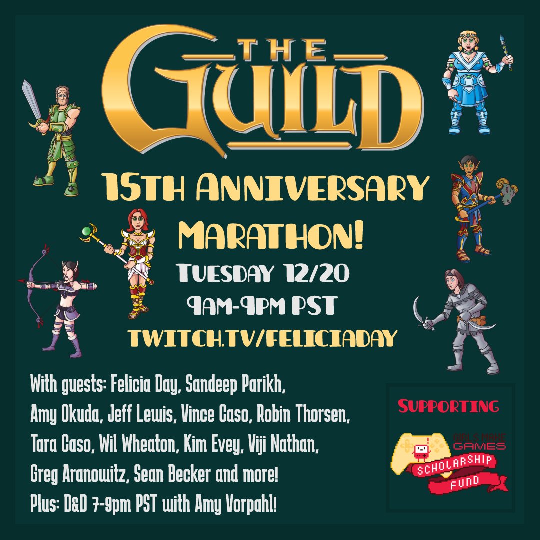 feliciaday's tweet photo. Announcing a CHARITY STREAM celebrating 15 years of The Guild! Next Tuesday, 12/20 9am-9pm PST! We will be raising funds for @GirlsMakeGames Scholarship fund! Join us all day as we marathon all the episodes, and have guests pop in and end with D&amp;D with DM @amyvorpahl! Come by! https://t.co/4JHBW2ccur