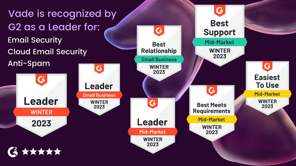 VadeSecure's tweet photo. 🏆 The G2 Grid Winter Reports are out and Vade has once again been named a leader in Cloud Email Security, Email Security and Email Anti-Spam .
👉🏼 Learn more about our G2 nominations by visiting: https://t.co/px6L9OLynt

#G2 #cybersecurity #Emailsecurity #cloudemailsecurity https://t.co/xVEvH8HCEN