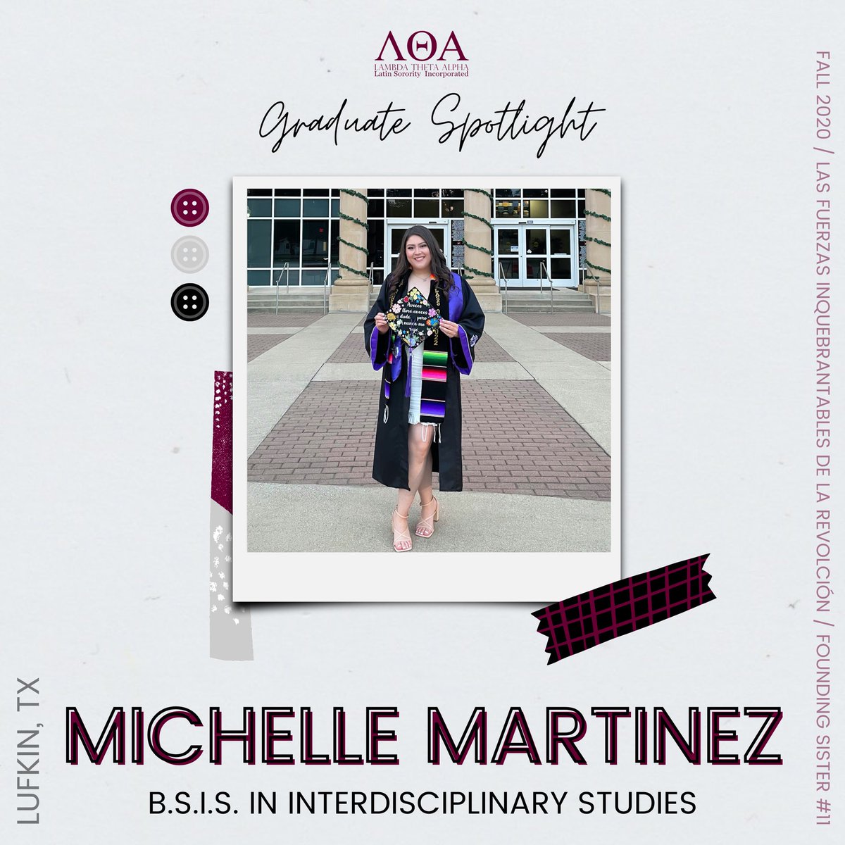 🎓 GRADUATE SPOTLIGHT 🎓
•
MICHELLE MARTINEZ, a Fall 2020 initiate of <a href="/lta_etazeta/">SFASU Lambda Theta Alpha</a> from Lufkin, TX, graduated from SFA with a B.S.I.S. in Interdisciplinary Studies with an emphasis on Elementary Education. She plans to be a dual-language teacher.