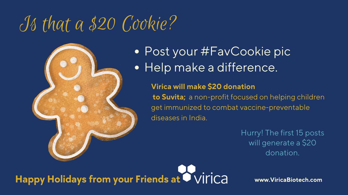 Virica Biotech (@viricabiotech) on Twitter photo Help make a difference by posting a pic of your #FavCookie and tag <a href="/ViricaBiotech/">Virica Biotech</a>. We’ll make a donation to Suvita. Happy Holidays! Help make a difference by posting a pic of your #FavCookie and tag <a href="/ViricaBiotech/">Virica Biotech</a>. We’ll make a donation to Suvita. Happy Holidays!