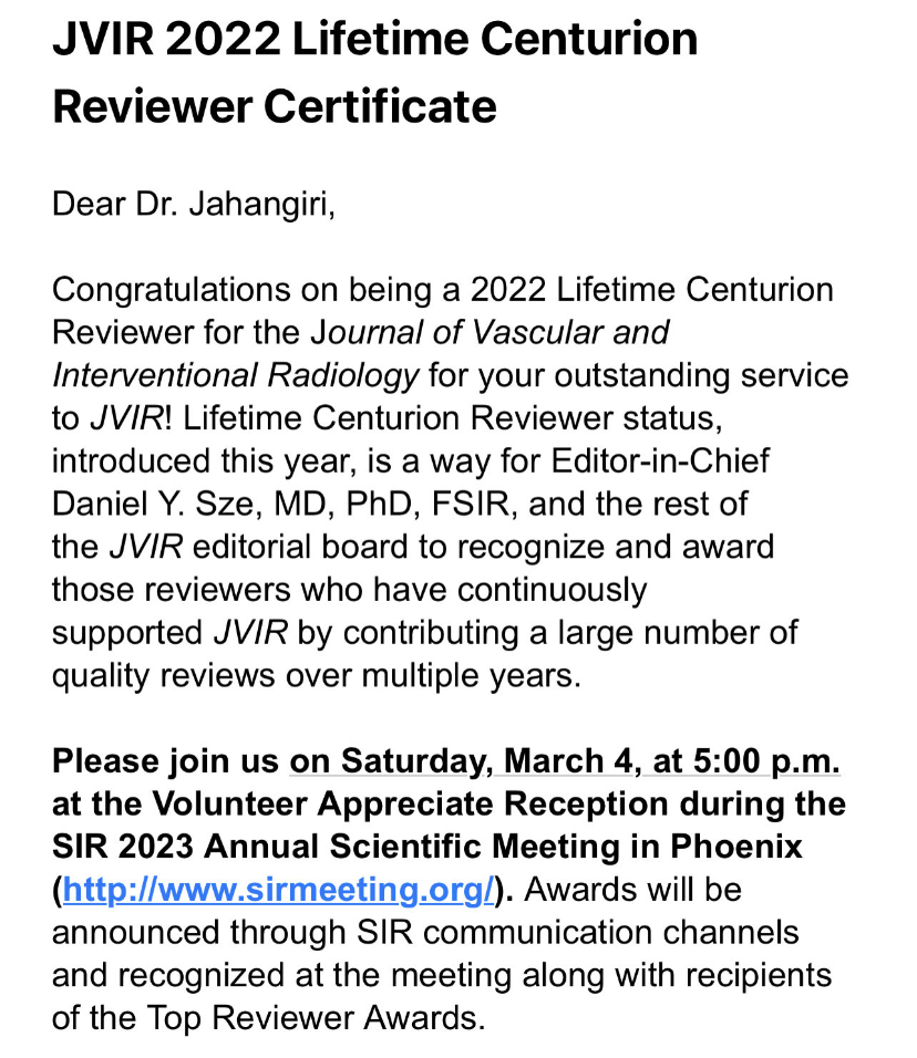We're excited to share more about our program here going forward.

To start, we'd like to congratulate our own <a href="/YJahangiri/">Younes Jahangiri, M.D.</a> for:

1) Becoming the statistical editor for <a href="/JVIRmedia/">JVIR</a>
2) Being awarded Top Reviewer in 2021 
3) Becoming a Lifetime Centurion Reviewer

Great job Younes!