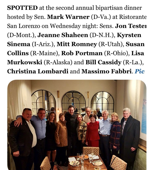 Exactly one year since his last #Bipartisan #dinner at San Lorenzo, Sen. Mark Warner and his Senate pals braved the huge security lockdown in #Shaw #DC for the US Africa Leaders Summit, and made their way Wed night to #SanLorenzoDC for his 2nd annual Bi-Partisan #Italian dinner!