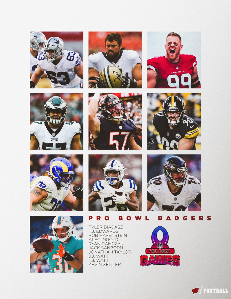 Wisconsin Football (@badgerfootball) on Twitter photo ππππΌπ ππππ to get our Badgers to the Pro Bowlπ
1 RT = 2 votes | #ProBowlVote
<a href="/TylerBiadasz/">Tyler Biadasz</a>, <a href="/TJEdwards8/">T.J. Edwards</a>, Rob Havenstein, <a href="/AI_XLV/">Alec Ingold</a>, <a href="/RyanRamczyk1/">Ryan Ramczyk</a>, <a href="/JackSanborn79/">Jack Sanborn</a>, <a href="/JayT23/">Jonathan Taylor</a>, <a href="/JJWatt/">JJ Watt</a>, <a href="/_TJWatt/">TJ Watt</a>, <a href="/kzeit70/">Kevin Zeitler</a> ππππΌπ ππππ to get our Badgers to the Pro Bowlπ
1 RT = 2 votes | #ProBowlVote
<a href="/TylerBiadasz/">Tyler Biadasz</a>, <a href="/TJEdwards8/">T.J. Edwards</a>, Rob Havenstein, <a href="/AI_XLV/">Alec Ingold</a>, <a href="/RyanRamczyk1/">Ryan Ramczyk</a>, <a href="/JackSanborn79/">Jack Sanborn</a>, <a href="/JayT23/">Jonathan Taylor</a>, <a href="/JJWatt/">JJ Watt</a>, <a href="/_TJWatt/">TJ Watt</a>, <a href="/kzeit70/">Kevin Zeitler</a>