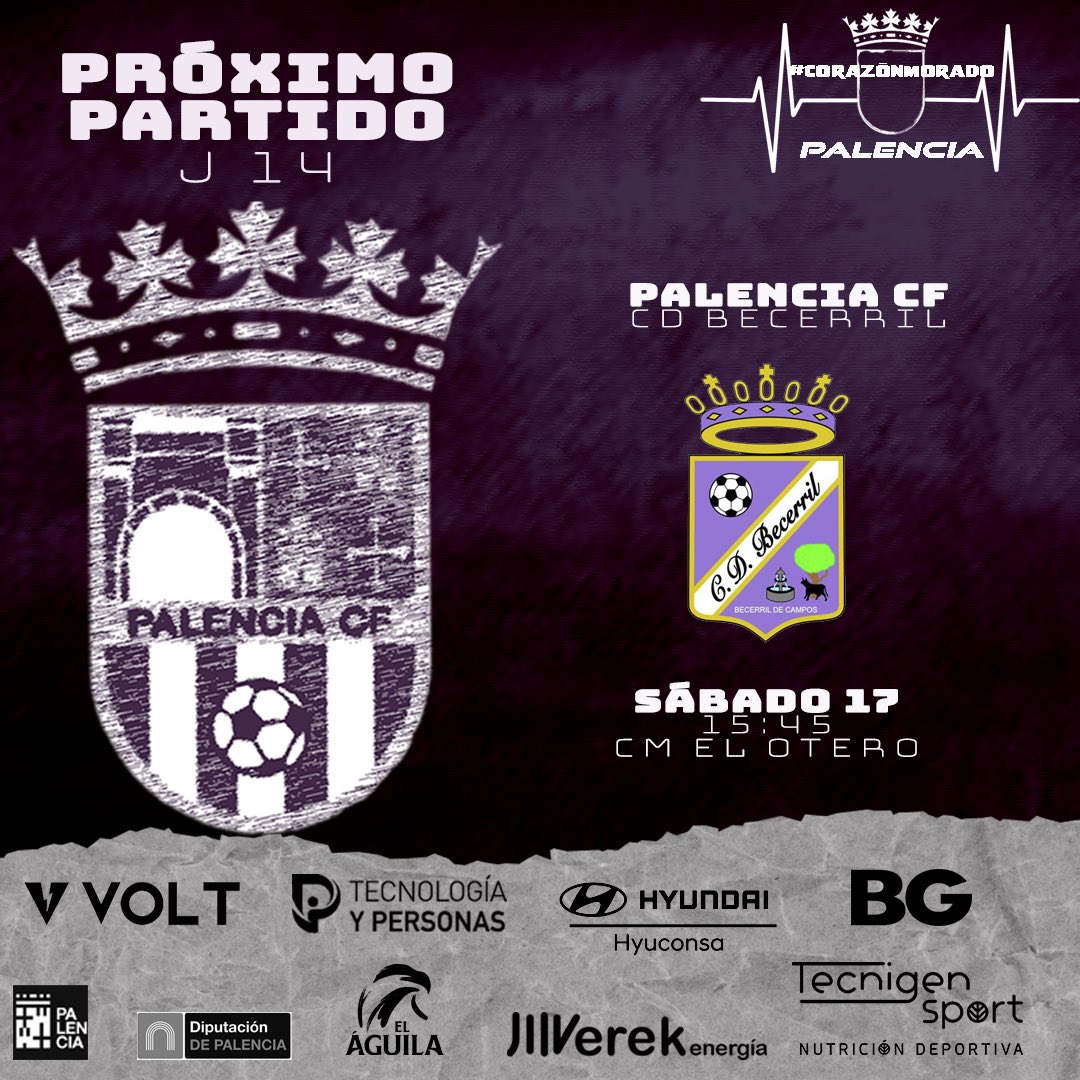 PRÓXIMO PARTIDO-JORNADA 14 #derbipalentino 

🆚 <a href="/cd_becerril/">CD.Becerril</a> 
⏰15:45
🏟 CM El Otero
🎟 Entrada 10€ 

#palenciacf #corazónmorado