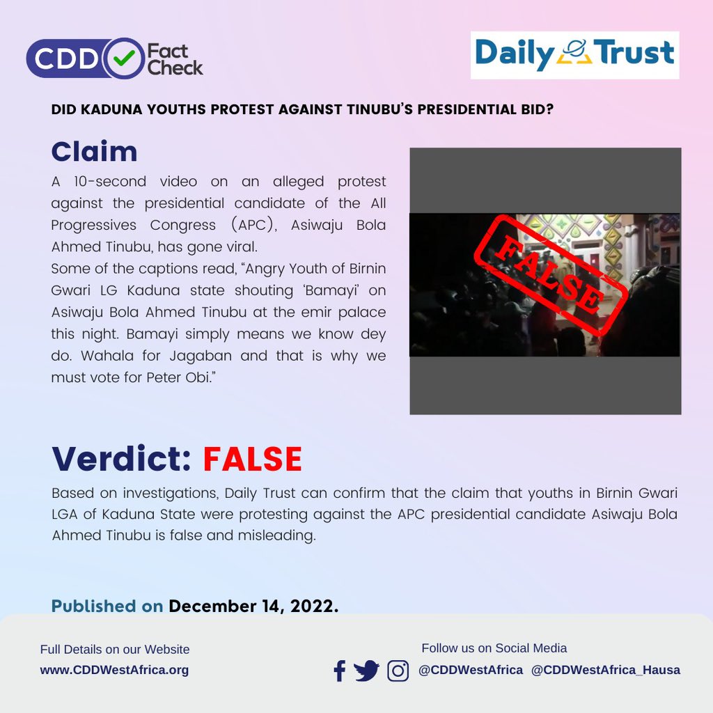 CDDWestAfrica's tweet photo. #FactCheckAlert
Did Kaduna Youths Protest against Tinubu’s Presidential Bid?

Read full report: https://t.co/QNwoJex1QK

#FactCheck
#StopFakeNews https://t.co/10BBaCAKII