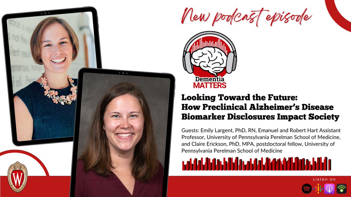 Wisconsin ADRC (@wisconsinadrc) on Twitter photo .<a href="/emily_a_largent/">Emily Largent</a> and <a href="/claireify_sci/">Claire Erickson, PhD, MPA</a> of @Penn_Memory joined #DementiaMatters to discuss advances in the field of #Biomarkers that allow preclinical #AD to be identified earlier, key areas to support those at risk for #CognitiveDecline, and more. Listen: go.wisc.edu/esj09y .<a href="/emily_a_largent/">Emily Largent</a> and <a href="/claireify_sci/">Claire Erickson, PhD, MPA</a> of @Penn_Memory joined #DementiaMatters to discuss advances in the field of #Biomarkers that allow preclinical #AD to be identified earlier, key areas to support those at risk for #CognitiveDecline, and more. Listen: go.wisc.edu/esj09y