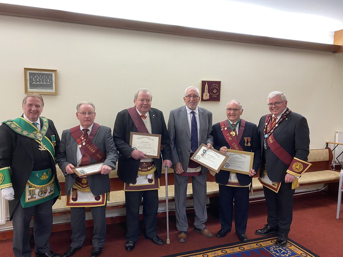 Bros Drew Fulton, Tom Semple and Billy Sibbald received 50 year Jubilee certificates and PM Bro James Fulton was awarded with a distinguished service diploma from PGM Bro Billy Steel.