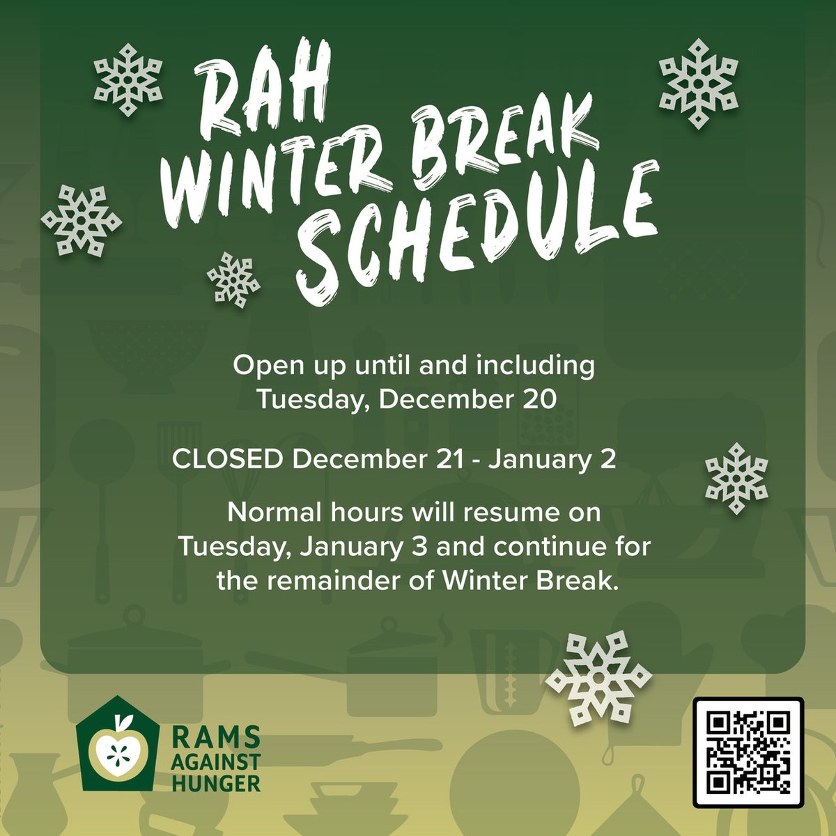 CSULSC's tweet image. The Rams Against Hunger food pantry will still be open for most of winter break! RAH will be closed from December 21 to January 2, but will be back up and running regular hours on January 3!
