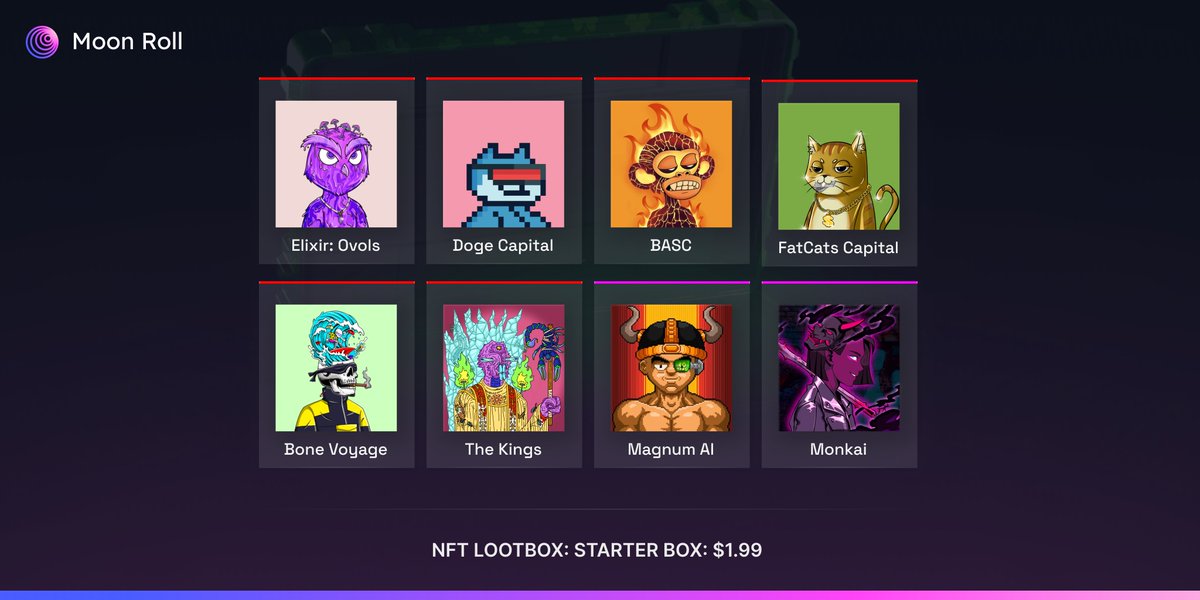 Moon Roll (@moonroll) on Twitter photo 📦 We added a new NFT Lootbox
The Starter Box, including:
- <a href="/ElixirNFT/">Elixir</a>
- <a href="/thedogecapital/">Doge Capital</a>
- <a href="/BabyApe_SC/">Baby Ape</a>
- @FatCatsCapital
- <a href="/bonesdao/">bones</a>
- @CastleTheKings
- <a href="/_MagnumAI/">Magnum .AI</a>
- <a href="/MonkaiNFT/">Monkai</a>
🧹 Each NFT won will be swept from the floor 📦 We added a new NFT Lootbox
The Starter Box, including:
- <a href="/ElixirNFT/">Elixir</a>
- <a href="/thedogecapital/">Doge Capital</a>
- <a href="/BabyApe_SC/">Baby Ape</a>
- @FatCatsCapital
- <a href="/bonesdao/">bones</a>
- @CastleTheKings
- <a href="/_MagnumAI/">Magnum .AI</a>
- <a href="/MonkaiNFT/">Monkai</a>
🧹 Each NFT won will be swept from the floor