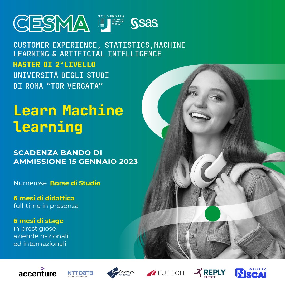 #learnmachinelearning al <a href="/mastercesma/">Master CESMA</a> - Master di II livello in #customerexperience, #statistics, #machinelearning &amp; #artificialintelligence

👉Scadenza BANDO - 15 gennaio 2023
👉numerose borse di studio!
👉info su: master-cesma.it
#economia #master #bigdata #datascience