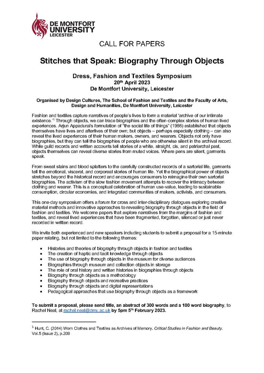 Call for Papers klaxon! 📢 We would love to hear about your research on biography through objects in dress, fashion and textiles!🪡