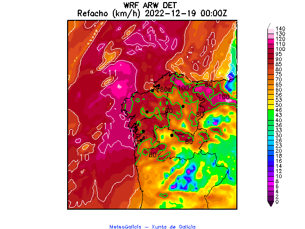 RedmeteoP's tweet photo. A surada do domingo comeza a adquirir tintes de temporal serio de verdade. O modelo WRF amosa refachos por riba de 110 km/h na entrada das Rías Baixas e tamén nas zonas altas do interior. As chuvias quedarían restrinxidas ao oeste de #Coruña, veremos.. https://t.co/FYC9D1fJnB
