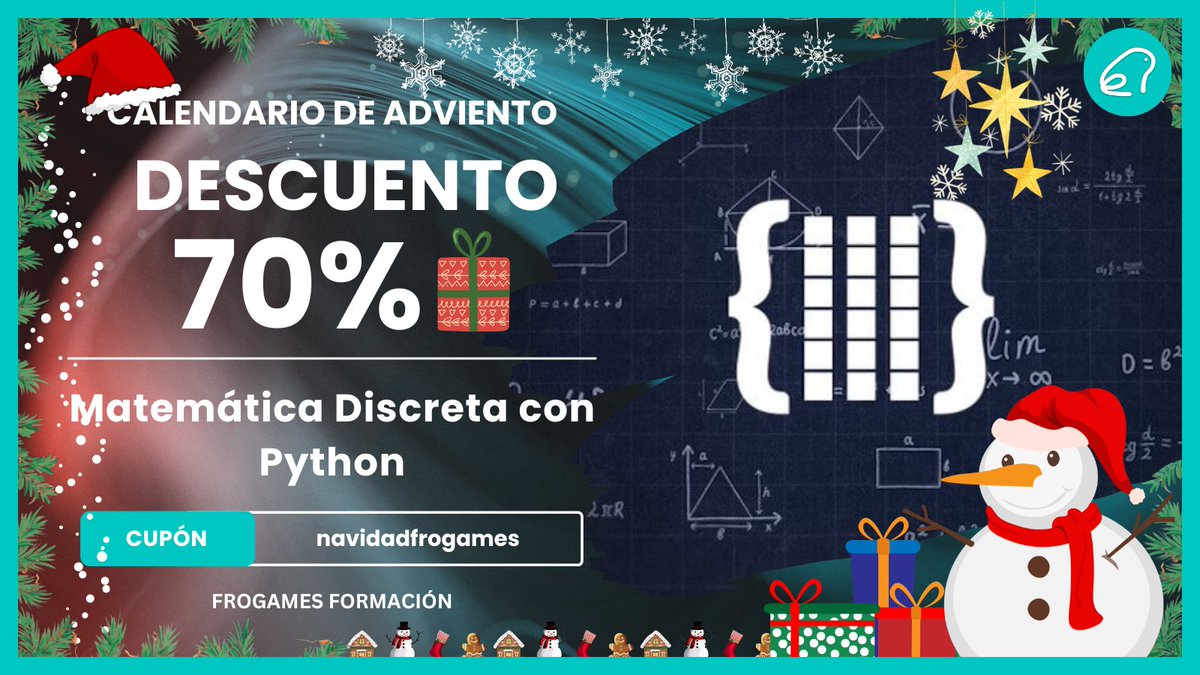 Joan_By's tweet photo. 🌟 Calendario de Adviento 🌟
✨ Día 11 ✨

Curso de Matemática Discreta con Python

¡Curso al 70% de descuento!
🔥 Por solo 15€ 🔥
👉 Con el cupón: "navidadfrogames" 👈

#MatematicaDiscreta #Python #matematicas #cienciasdelacomputacion

👇👇👇👇
https://t.co/83P2EwE0yH https://t.co/sL5GgnZgN5