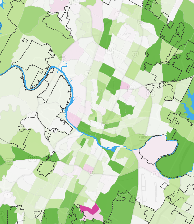 cubbie9000's tweet photo. This Census map of the net change in housing units across Austin is a Rorschach Test for, well, a lot of things. https://t.co/UsDuffz1d4