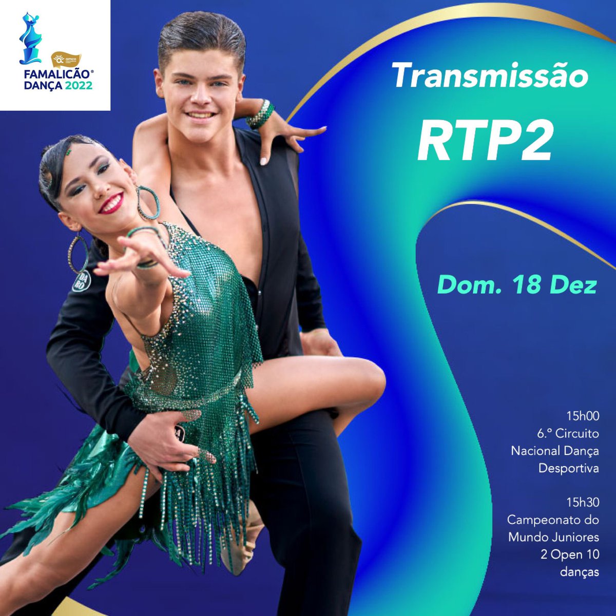 Vamos até à televisão 📺 !! 
Domingo, 18 Dez a partir das 15h00 fiquem no sofá ligados à RTP2 para ver a transmissão do Famalicão Dança 2022. Serão dois blocos de programa, um dedicado ao circuito nacional de dança desportiva e outro ao campeonato do mundo .