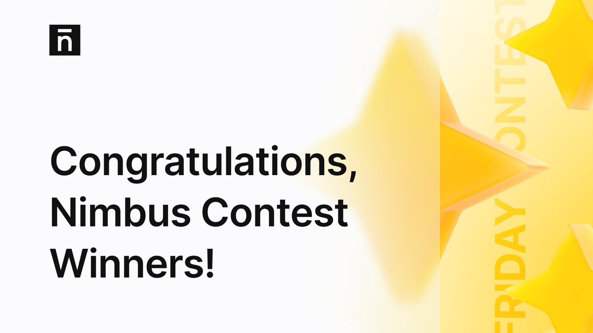nmbplatform's tweet photo. Dear Nimbus fam!
We're happy to announce the winners of our #FridayContest!
Meet the lucky ones who'll get $20 in $NIMB:
๐ซ @andribtc06
๐ซ @Maritagh25
๐ซ @Gabrielpero117
๐ซ @mangel_win21
๐ซ @Ikehwikwik
Congrats! ๐ฅณ https://t.co/EgczU7uYj9