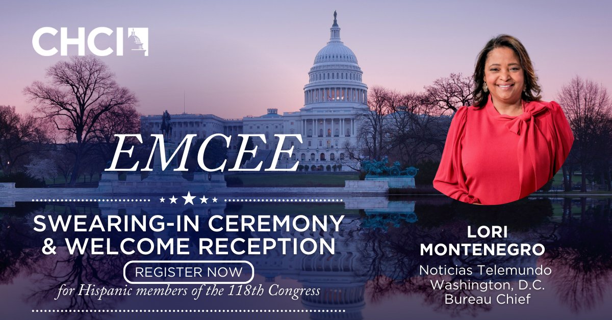 CHCI's tweet photo. Join us as we honor the newly elected &amp; re-elected Hispanic members of Congress with a swearing-in ceremony on Jan. 11.

Emceeing, we will have @lorimontenegro, the head of Noticias Telemundo’s Washington, D.C. bureau.

Register today: https://t.co/CfbwXrwYpa
#CHCIswearingin https://t.co/HRnhLjews5