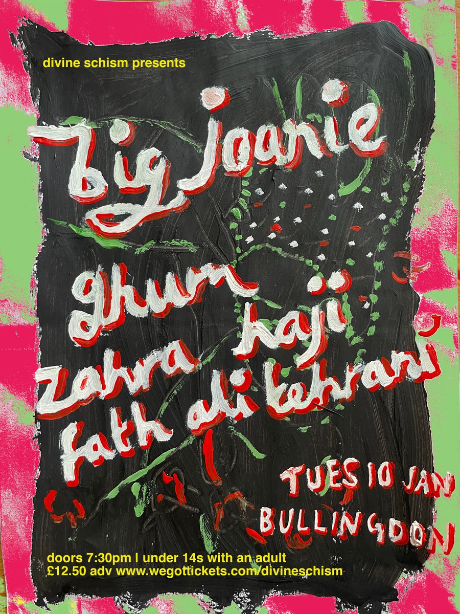 DivineSchism's tweet photo. V EXCITED to reveal the full line-up for our Big Joanie show - our first show of 2023
Fantastic supports from Ghum &amp; Zahra Haji Fath Ali Tehrani on Tues 10th Jan at the Bullingdon!
All ages too - u14 with adult :)
The poster is inspired by their album!
Tix https://t.co/rO5Bf1pSl1 https://t.co/jzuhhKuIAg