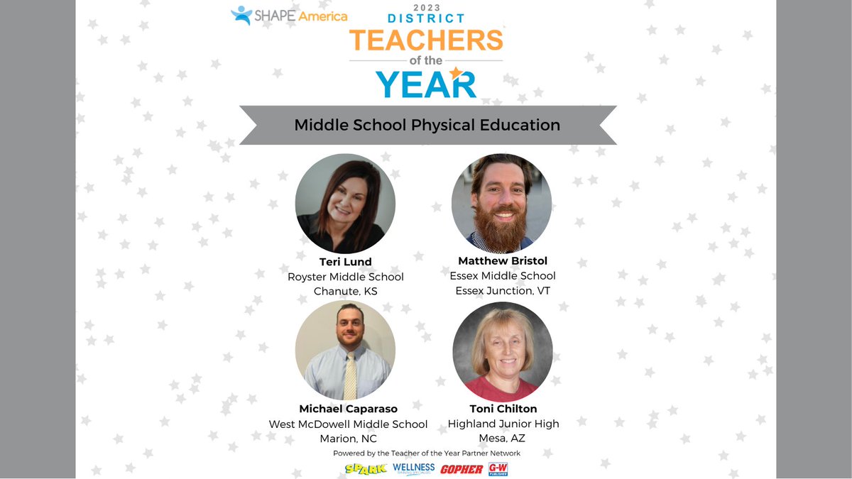 We are proud to announce our 2023 Middle School Physical Education District Teachers of the Year‼️

Central: 
Teri Lund - <a href="/perocks/">Teri Lund</a>

Eastern: 
Matthew Bristol - <a href="/WellnessClass/">Matthew Bristol</a>

Southern:
Michael Caparaso - <a href="/coachcap12/">nara fugu</a>

Western:
Toni Chilton - <a href="/tonichilton/">Toni Chilton</a>
