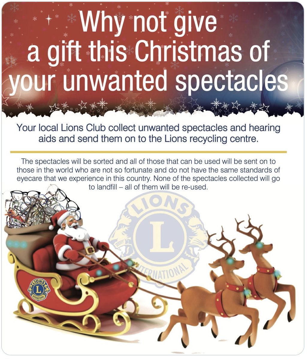 Ironbridge Lions collect unwanted spectacles  and send them to the Lions UK recycling centre.
Santa and his sleigh will be at ASDA Telford from 10 am to 4 pm on Friday, Saturday and Sunday (December 16th, 17th and 18th) and he will be very happy to take away your old specs.