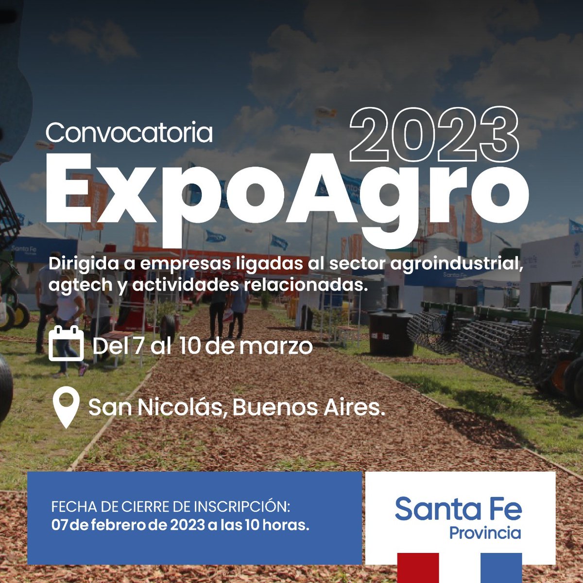 ⚠️Se encuentra abierta la convocatoria para participar de Expoagro 2023 en el espacio que dispondrá el <a href="/GobSantaFe/">Gobierno de Santa Fe</a> 

📌La muestra tendrá lugar del 7 al 10 de marzo en San Nicolás, Buenos Aires.