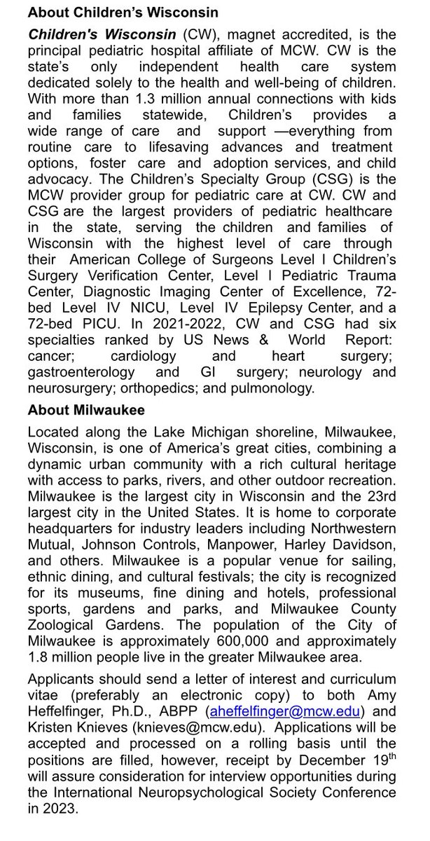 🗣️ Position opening for a pediatric clinical neuropsychologist at the Medical College of Wisconsin/Children’s Wisconsin! 

Expertise in:
👶🏽 Infant and preschool neuropsychology
🧠 Epilepsy
🏥 TBI/inpatient rehabilitation 
is encouraged but not required

🗓️ Apply by 12/19!
