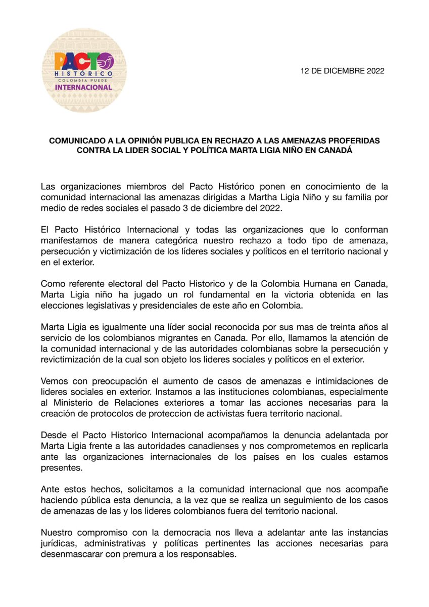 Cuando fui amenazada  de muerte junto a mi familia estando en Suiza, las amenazas fueron desestimadas. Ya había denunciado yo que las amenazas han traspasado las fronteras. Reivindicamos la lucha por La Paz desde el exterior.
<a href="/LigiaBnino/">Ligia Niño</a> <a href="/phinternacional/">Pacto Internacional Oficial</a>