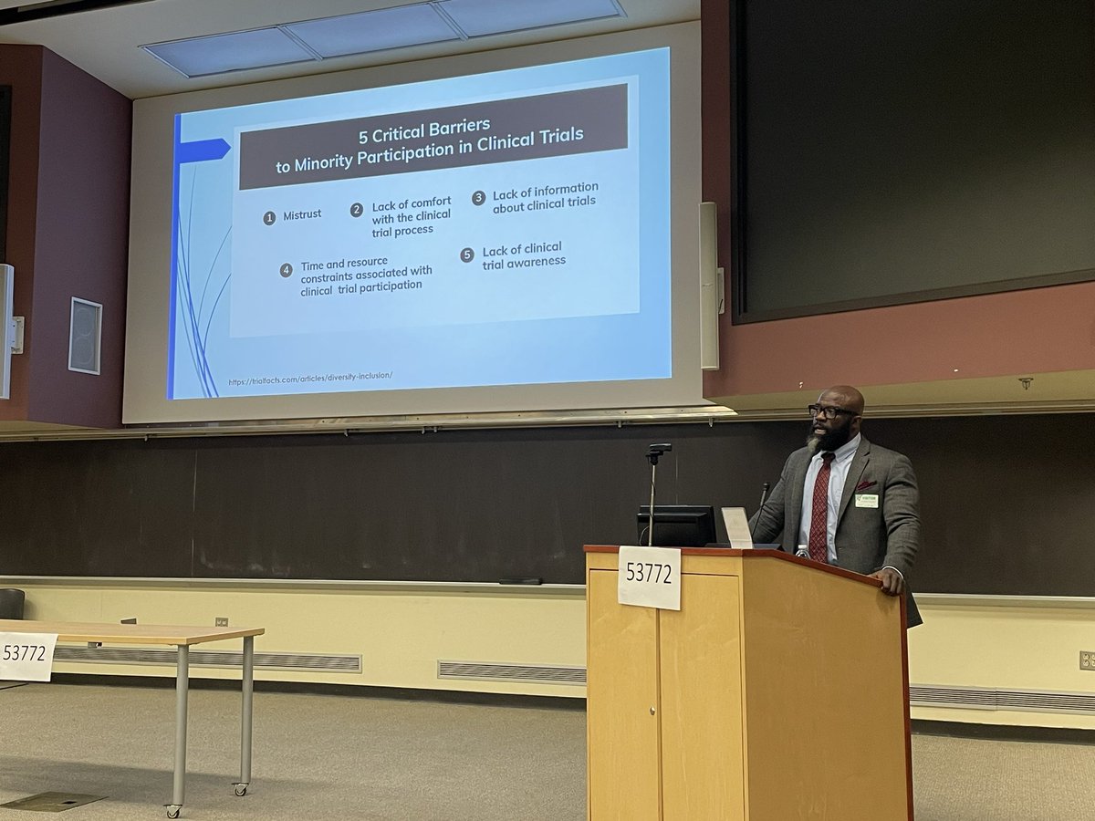 Thanks to Dr. Echols (@MelvinEchols9) for a fantastic talk on the importance of diverse representation in clinical trials! Great to learn about some amazing work he’s doing in North Carolina to increase representation and advocate for his patients!
