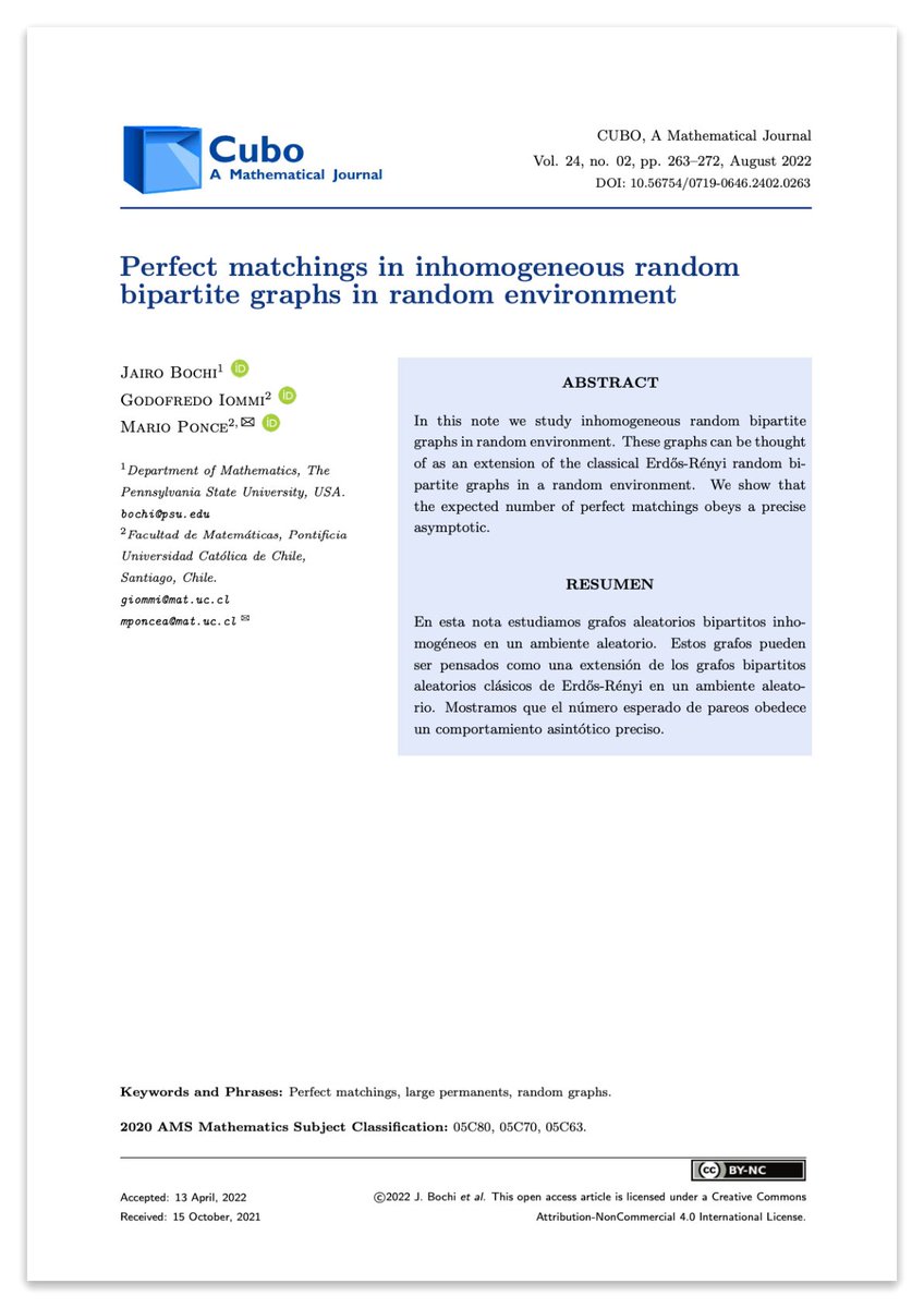 Cubo_Journal's tweet photo. 📄 “Perfect matchings in inhomogeneous random bipartite graphs in random environment” by Jairo Bochi, Godofredo Iommi and Mario Ponce. Available here: https://t.co/LvZkmEKR7E

#science #newpaper #mathematics #puc #scopus #mathscinet #wos #scielo #doaj #zbmath https://t.co/AFDINEcf6K