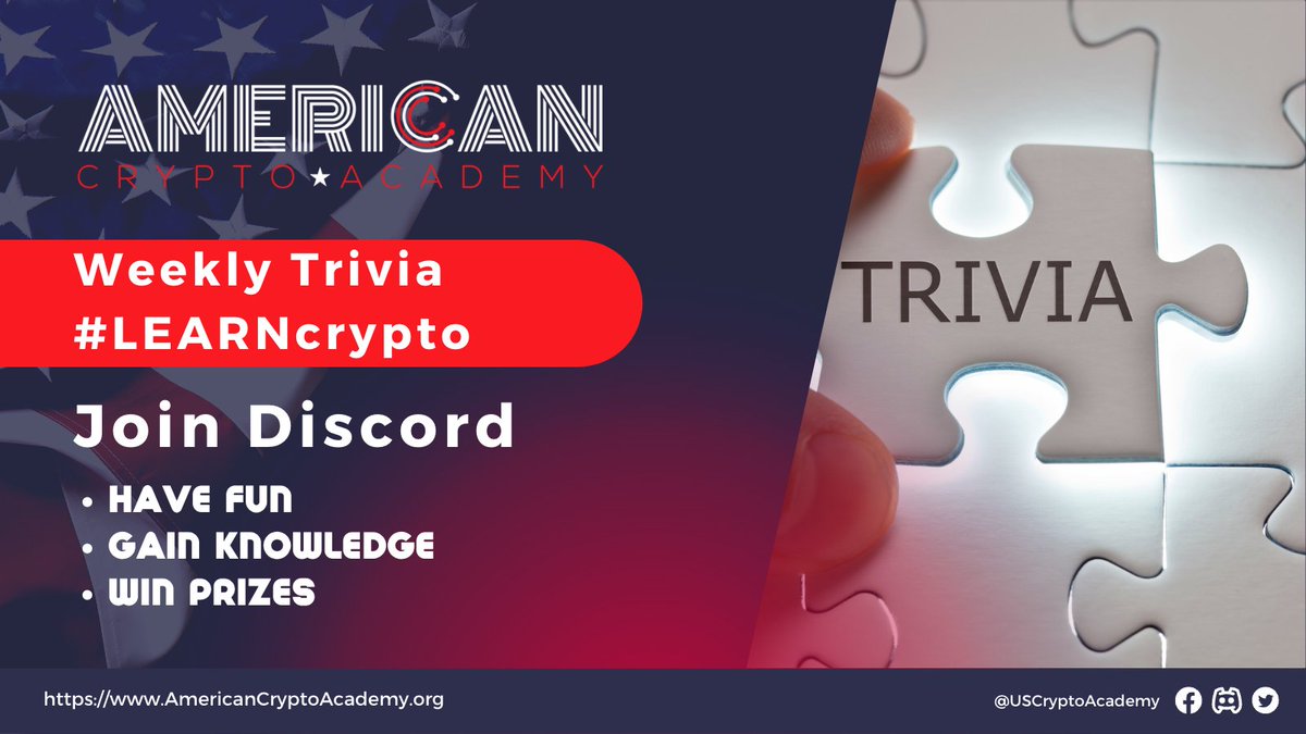 USCryptoAcademy's tweet photo. Join us every week for fun #blockchain and #cryptocurrency #trivia in our Discord. 

Starting with tomorrow, Friday - December 16th at 4:00PM EST (9:00PM UTC).

Join Here: https://t.co/B8KyxDW9bK

#HaveFun #LEARNcrypto #WinPrizes https://t.co/or8kCxne02