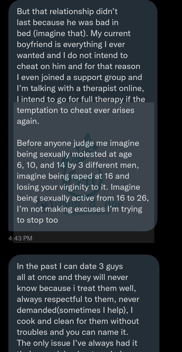 jon_d_doe's tweet photo. Thread on cheating girlfriends.

Why did they cheat?

Will they continue to cheat?

1. She has cheated multiple times, doesn't know her body counts &amp; has gone for therapy. https://t.co/Yse0ldJeVT