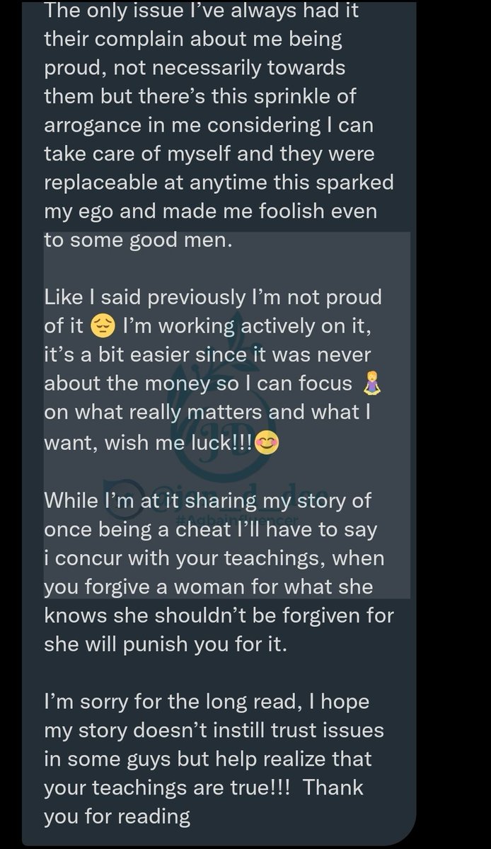 jon_d_doe's tweet photo. Thread on cheating girlfriends.

Why did they cheat?

Will they continue to cheat?

1. She has cheated multiple times, doesn't know her body counts &amp; has gone for therapy. https://t.co/Yse0ldJeVT