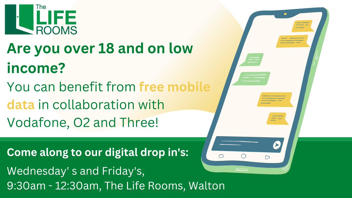 LifeRooms_MC's tweet image. Our Digital drop in's will provide you with a free Sim card that includes free data, minutes and texts 📱

Don't forget this helpful support session tomorrow. Come along if you can benefit from this free support 💚

The Life Rooms, Walton, Evered Ave 📍 
#mobilesupport #community