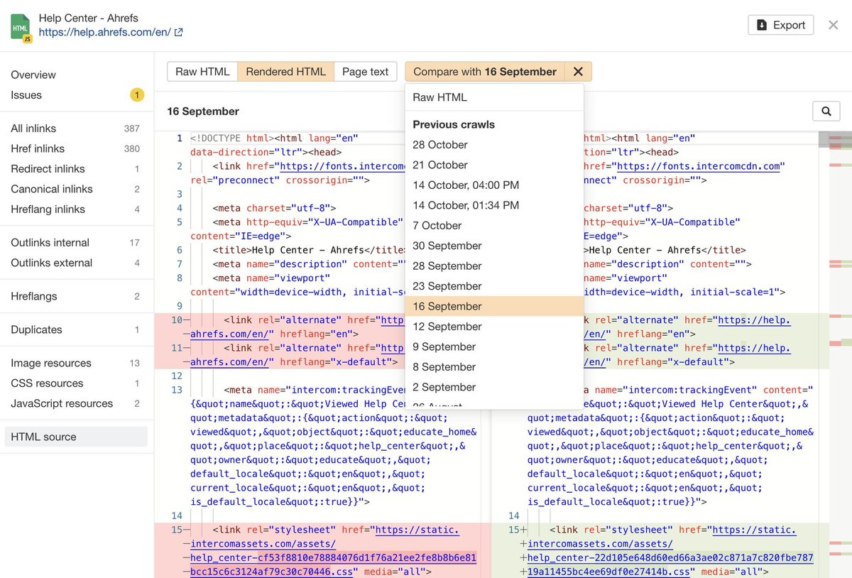 ahrefs's tweet photo. NEW: HTML code comparison in Site Audit 🔥

The "URL details" report now features a dropdown, so you can compare:

- HTML code and page text between crawls
- Raw and rendered HTML code against each other

Troubleshoot SEO issues with just one glance 😌 https://t.co/PfOKxYQKXX